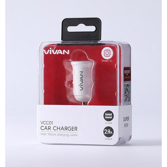 VIVAN VCC01 2.4A Dual Port Small &amp; Portable Car Charger with 1m Data Cable Super Durability