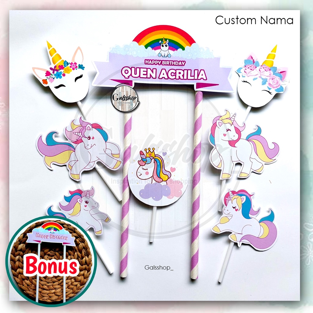Custom Nama/ Foto / Toppercake Karakter Unicorn / Hiasan Kue / Cake Topper