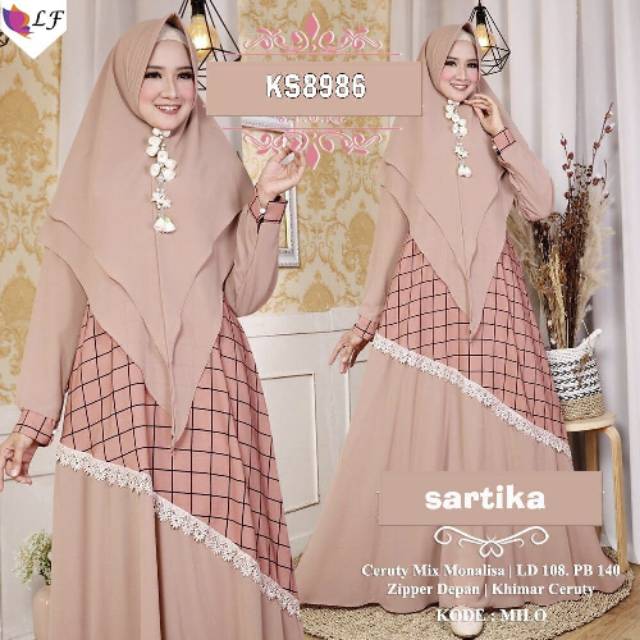 Sartika syari gamis ceruty Kombi Jersey (dada) Monalisa set khimar ld 108-120 PB 140 fit XXL jumbo