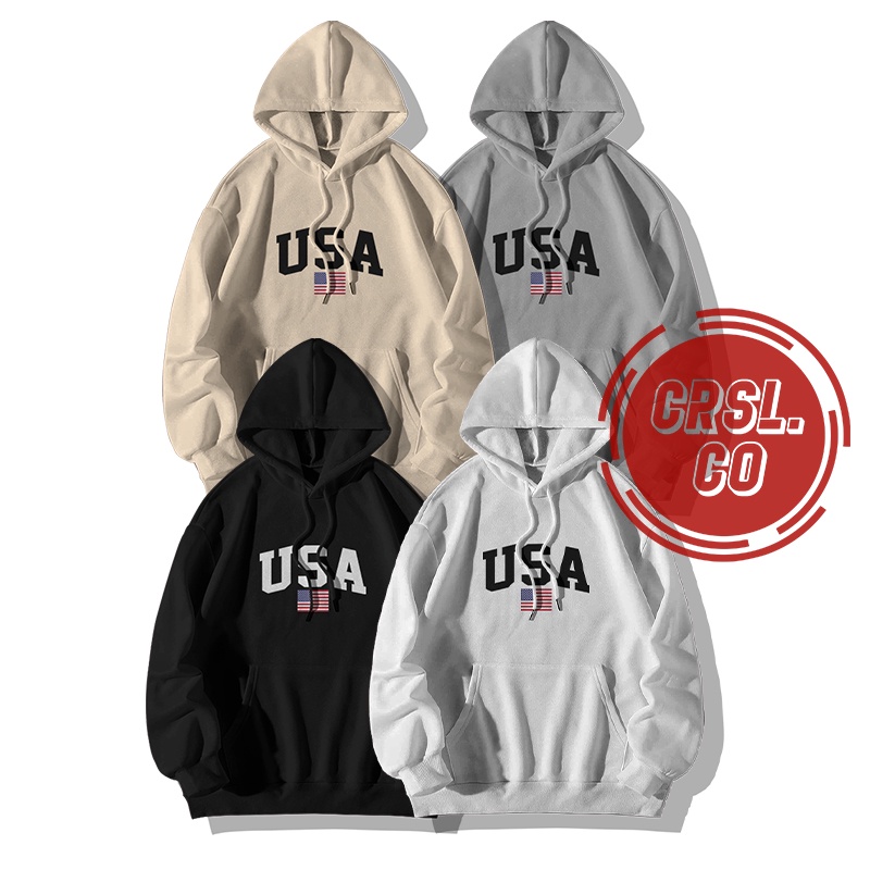 Sweater Hoodie Black USA Flag Gaya Kasual Motif Keren Bahan Cocok untuk Musim Dingin Warna Hitam dan Putih