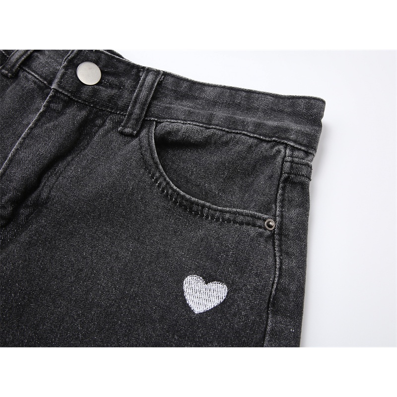 new korean love bordir highwaist celana jeans wanita denim lurus