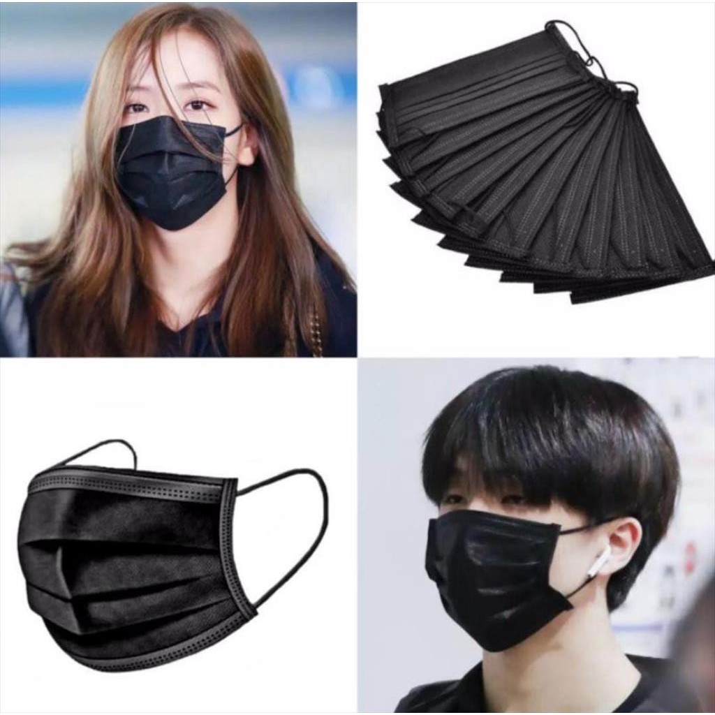 MASKER HITAM 3PLY EARLOOP CAREION MASKER 3 PLY HITAM ISI 50PC TANPA BOX