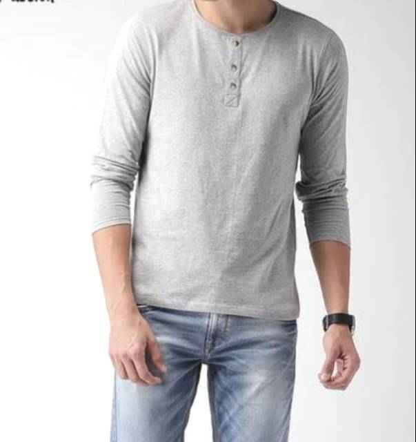 Kaos Henley Kancing LENGAN PANJANG Best Seller - ABU MISTY