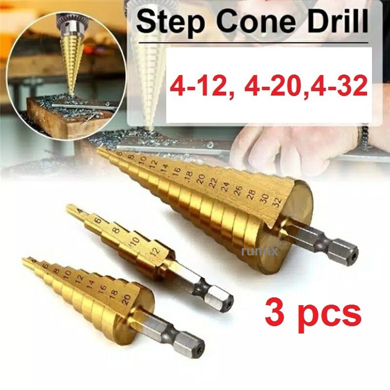 3PCS MATA BOR BESI KUNINGAN KAYU PLASTIK - STEP DRILL PAGODA TINGKAT