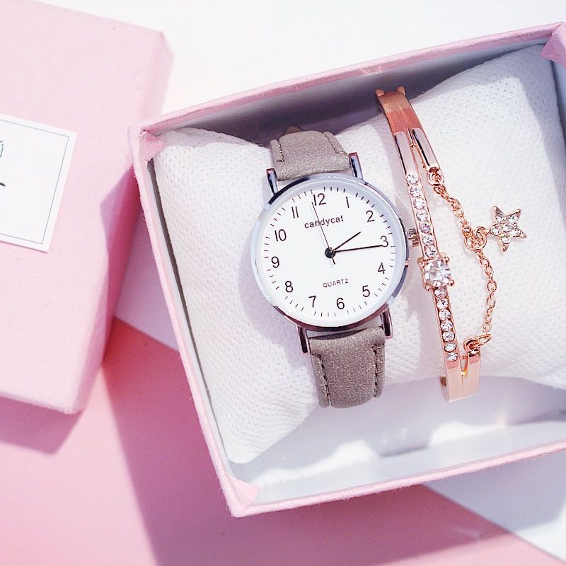 Jam Tangan Casual Gaya Retro Korea CandyCat Untuk Wanita Strap PU / Jam Tangan Wanita Casual-35-4 Abu-Abu