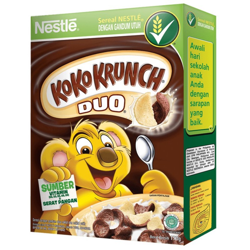 

Nestle Koko Krunch Sereal Duo Sereal Gandum Utuh Rasa Cokelat dan Cokelat Putih 170gr