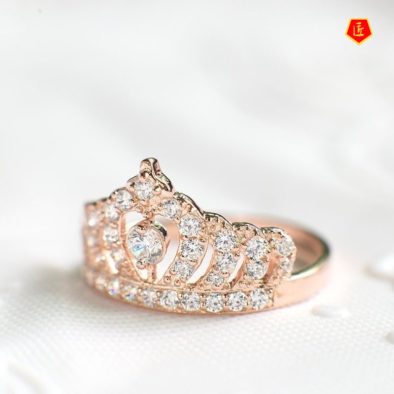 [Ready Stock]Graceful and Fashionable 18K Rose Gold Full Diamond Crown Ring