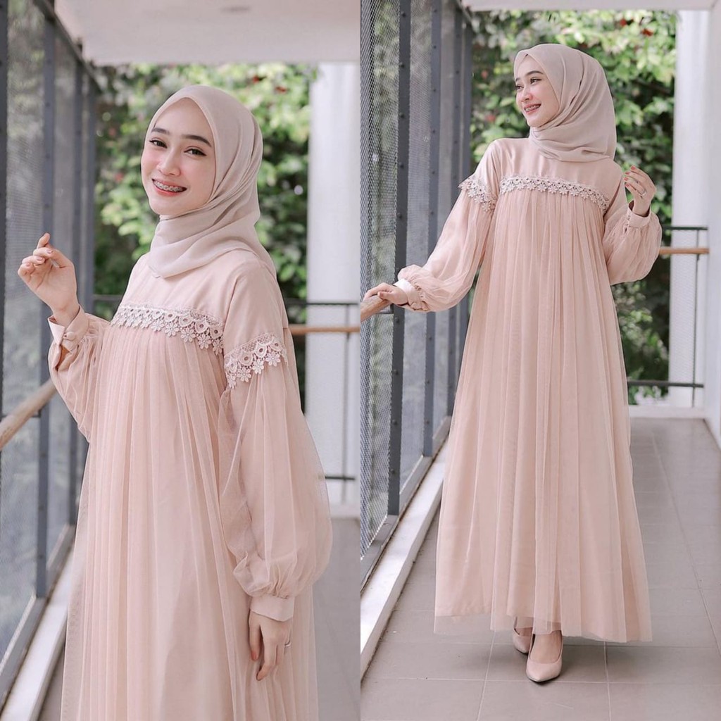 MAXI DRESS PANJANG NURAINI | GAMIS MUSLIM MURAH PEREMPUAN BROKAT TILE CANTIK RENDA IMPORT TERBARU-4