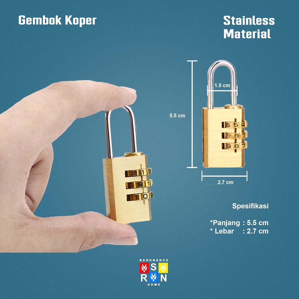 Gembok Koper 3 Digit Gold Mini / Gembok Tas Mini Kuningan Resonance Home