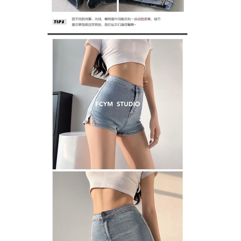 Suhao Hong Kong Gaya Seksi High Waist Stretch Split Denim Celana Pendek Musim Panas Wanita Baru Kuru