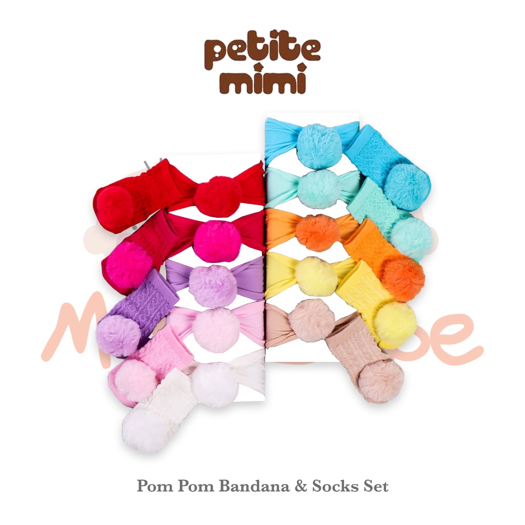 Petite Mimi Pom Pom Headband &amp; Socks Bandana dan Kaos Kaki Bayi 0-12 Bulan