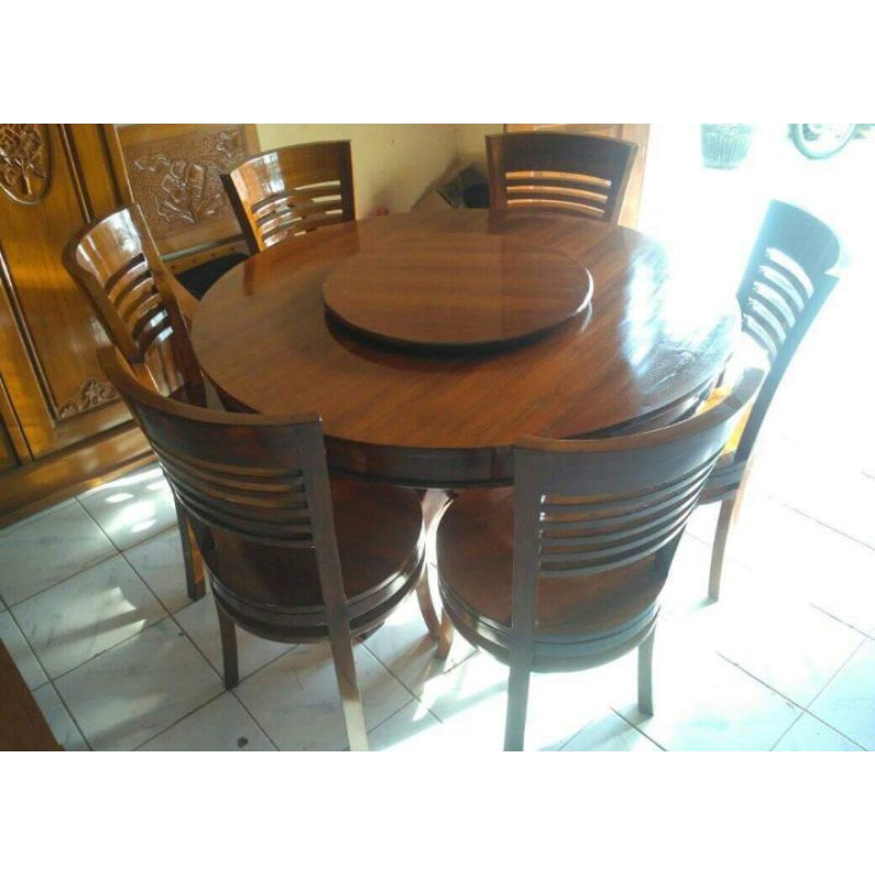 Meja makan bundar 6 kursi jati