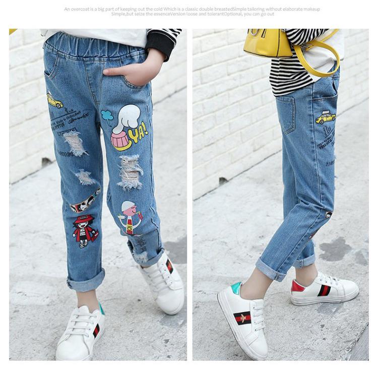  Celana  Panjang Jeans  Denim  Sobek  Motif Print Kartun 