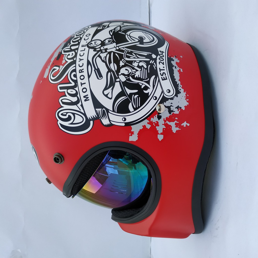 Helm Cakil HBC New Old School Red + Inner Visor ( Fullface / Retro / Klasik / Vespa )