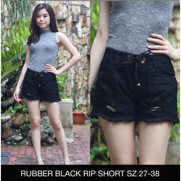 CELANA JEANS WANITA RUBBER BLACK  RIPPED SHORT