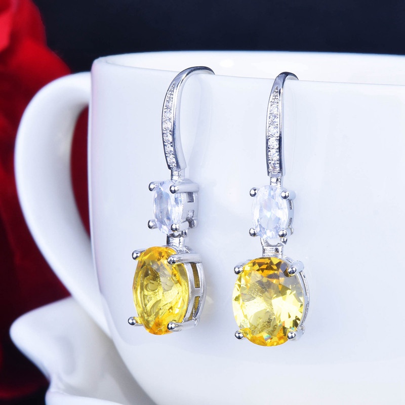 Anting Kait Gantung Bentuk Oval Besar Hias Berlian Imitasi Warna Kuning Untuk Wanita