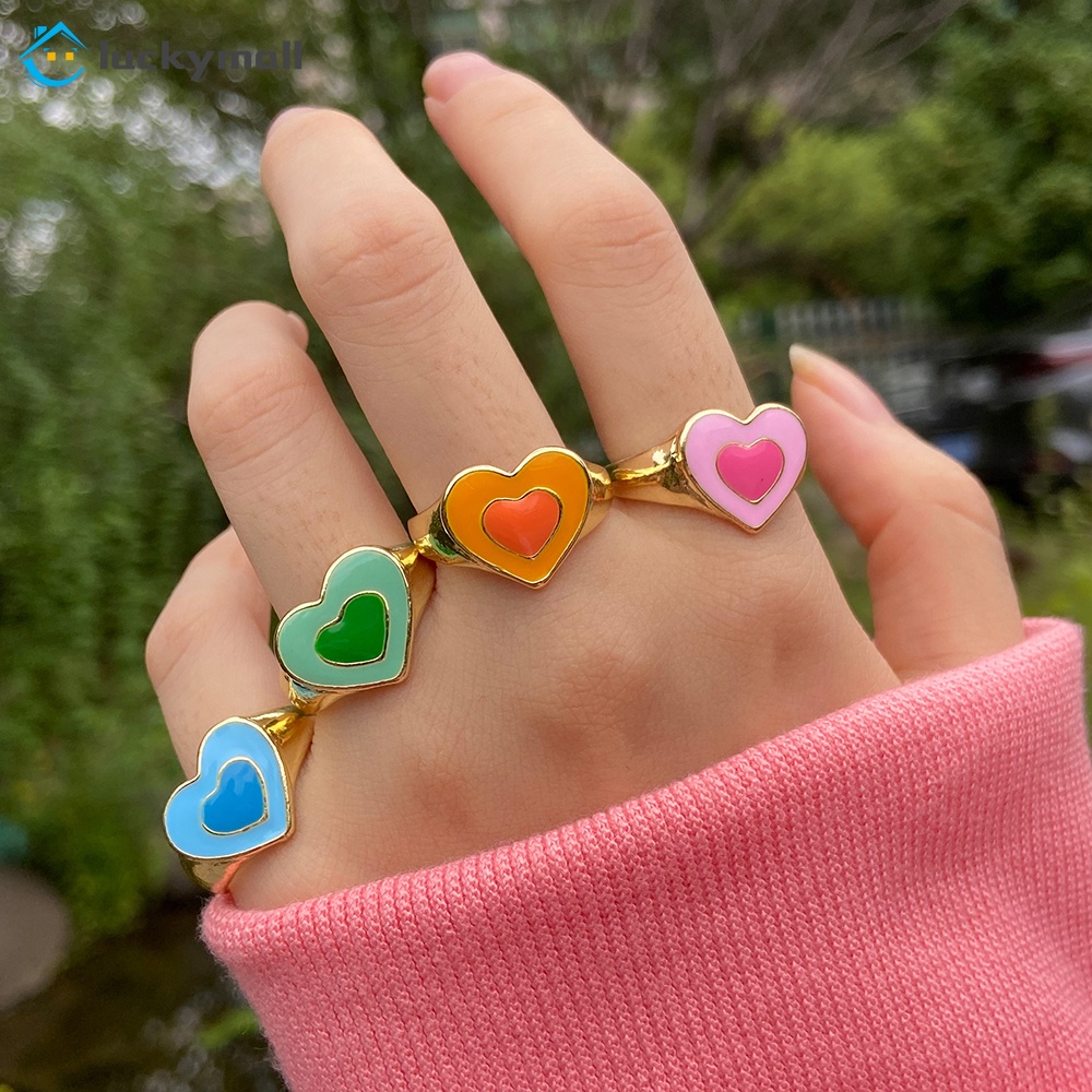 4 Pcs/set Fashion Colorful Heart-shaped Ring Set Korean Creative Rings Women Jewelry Accessories Gift