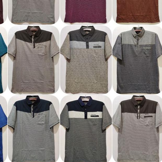 ☀ Kaos kerah stripe kerah salur lidi saku pria dewasa ocean beach size M L XL ➹