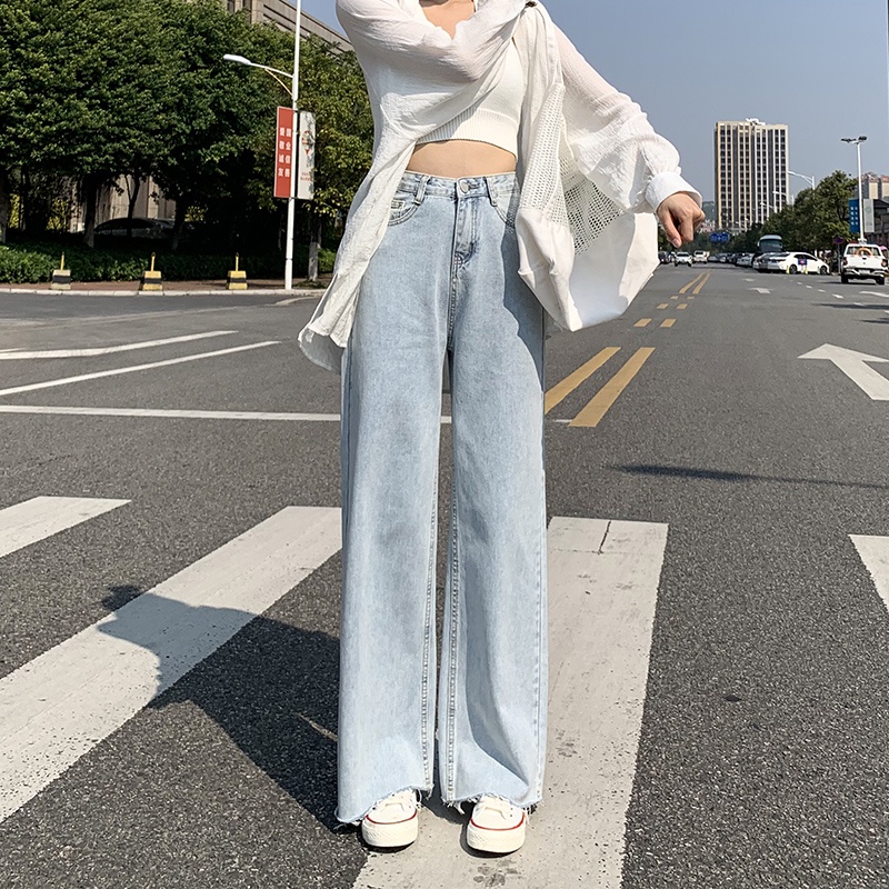 korean style new biru muda straight boyfriend celana jeans longgar wanita