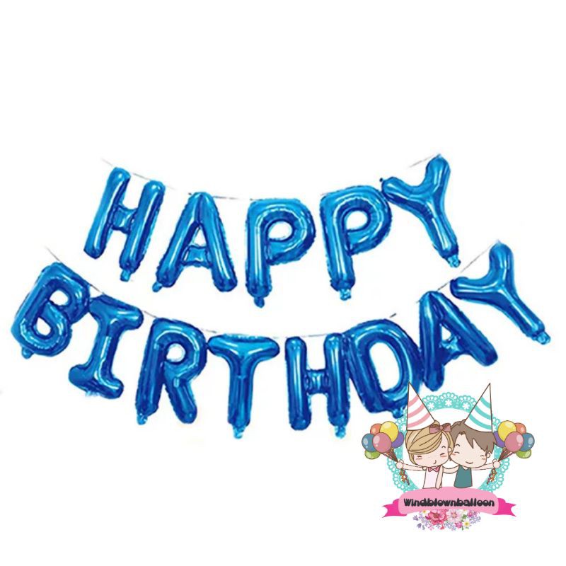 WINDBLOWN BALLOON FOIL HAPPY BIRTHDAY NAVY BLUE SET / BALON ULANG TAHUN HBD BIRU TUA