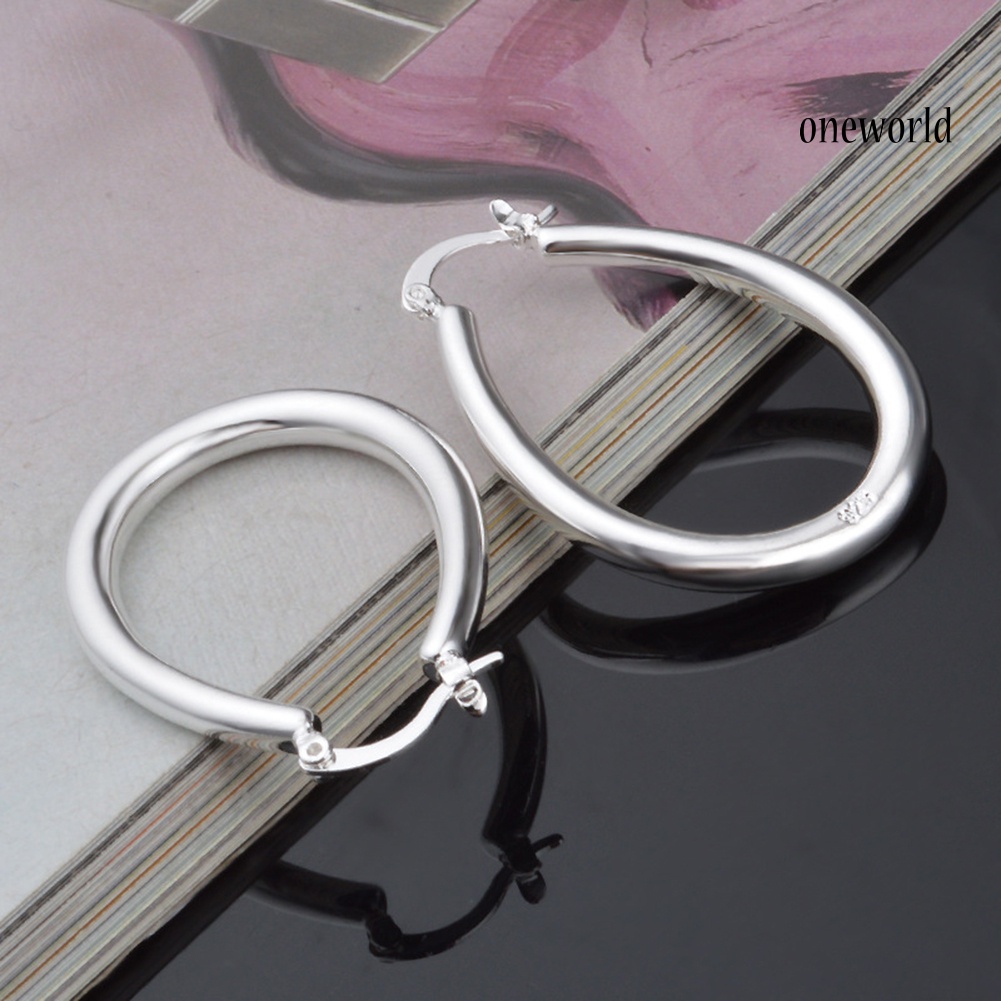 OW@ Silver Plated Big Hollow Oval Hoop Earring Fashion Women Party Banquet Jewelry