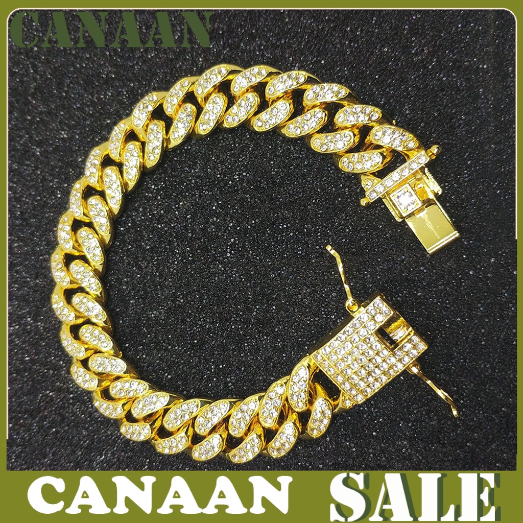 canaan Hip Hop Men Cuban Link Chain Bracelet Shiny Rhinestone Inlaid Bangle Jewelry