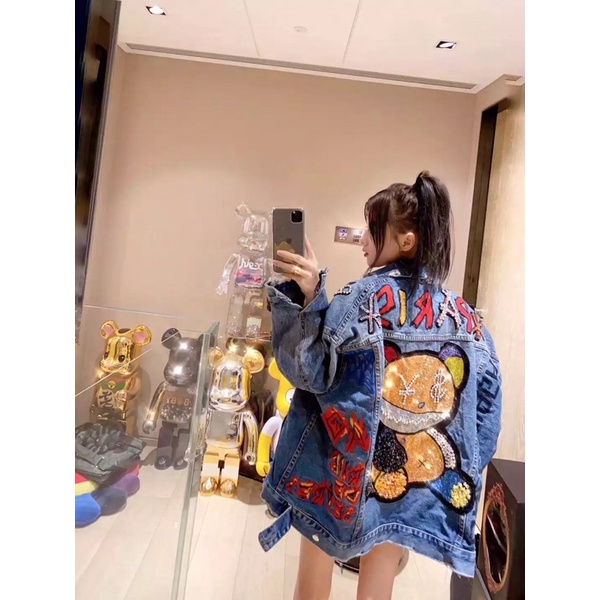 JAKET JEANS IMPORT WANITA KOREA BTS BRTISH INGGRIS PARIS 3D KARAKTER BERUANG ORIGINAL