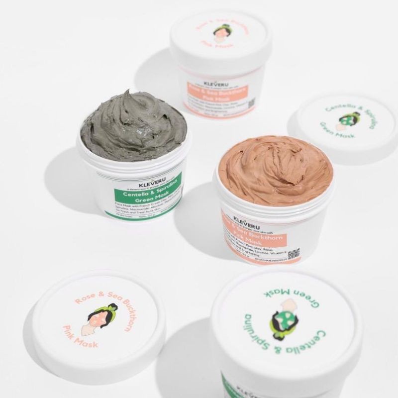 MASKERWAJAH /KLEVERU Centella and Spirulina Green Mask &amp; Rose and Sea Buckthorn Pink Mask