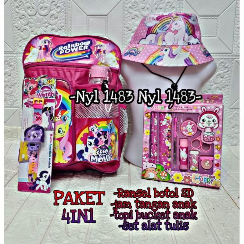 Tas ransel anak perempuan  Little pony 4 in1 - tas + topi + jam + paket pinsil gratis botol minum - tas anak