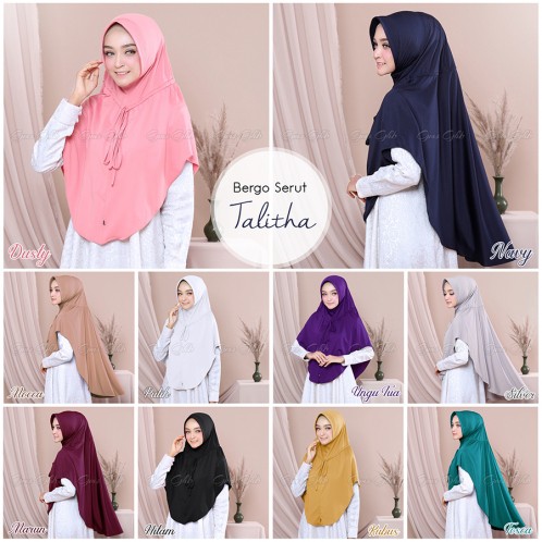 Hijab Bergo Serut Talitha pad syar'i dengan pad busa antem dan variasi tali serut di bagian depan