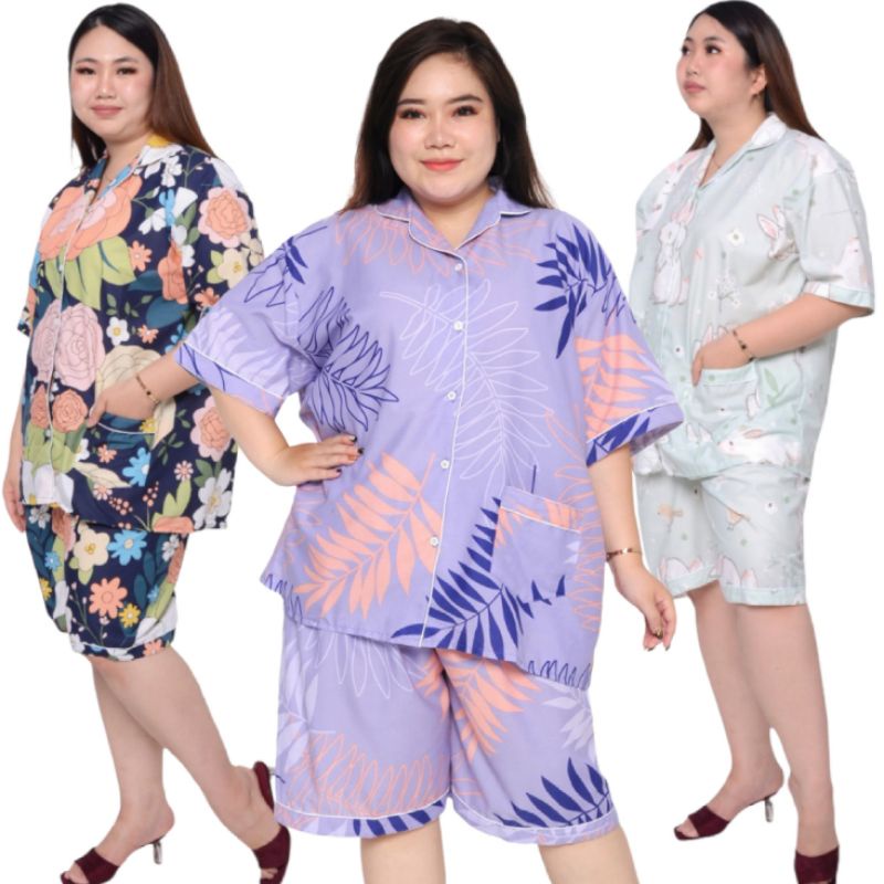 piyama wanita dewasa jumbo hotpants celana  pendek LD 140 SET baju tidur lengan big size motif cewek