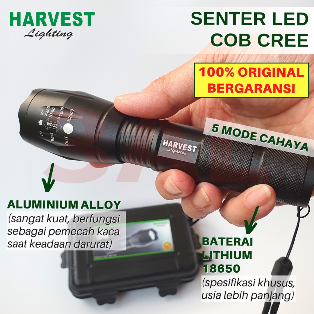 Lampu Senter LED T6 Cree HARVEST LIGHTING Flashlight Flash Light Baterai  Isi  Ulang Rechargeable  Bergaransi