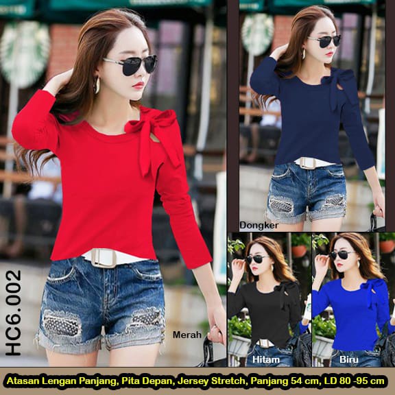 HC6002 Atasan lengan Panjang Jersey Polos / Atasan Aksen pita polos / blouse wanita modis