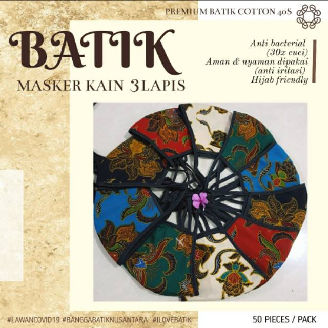 Masker non medis batik 3 lapis kain premium bukan sensi anti bacterial cotton 40s