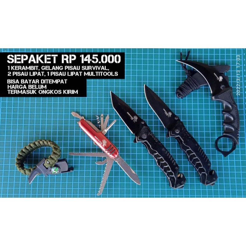Sepaket 2 pisau lipat camping, 1 pisau lipat camping multitools, 1 karambit taktikal dan 1 gelang pi
