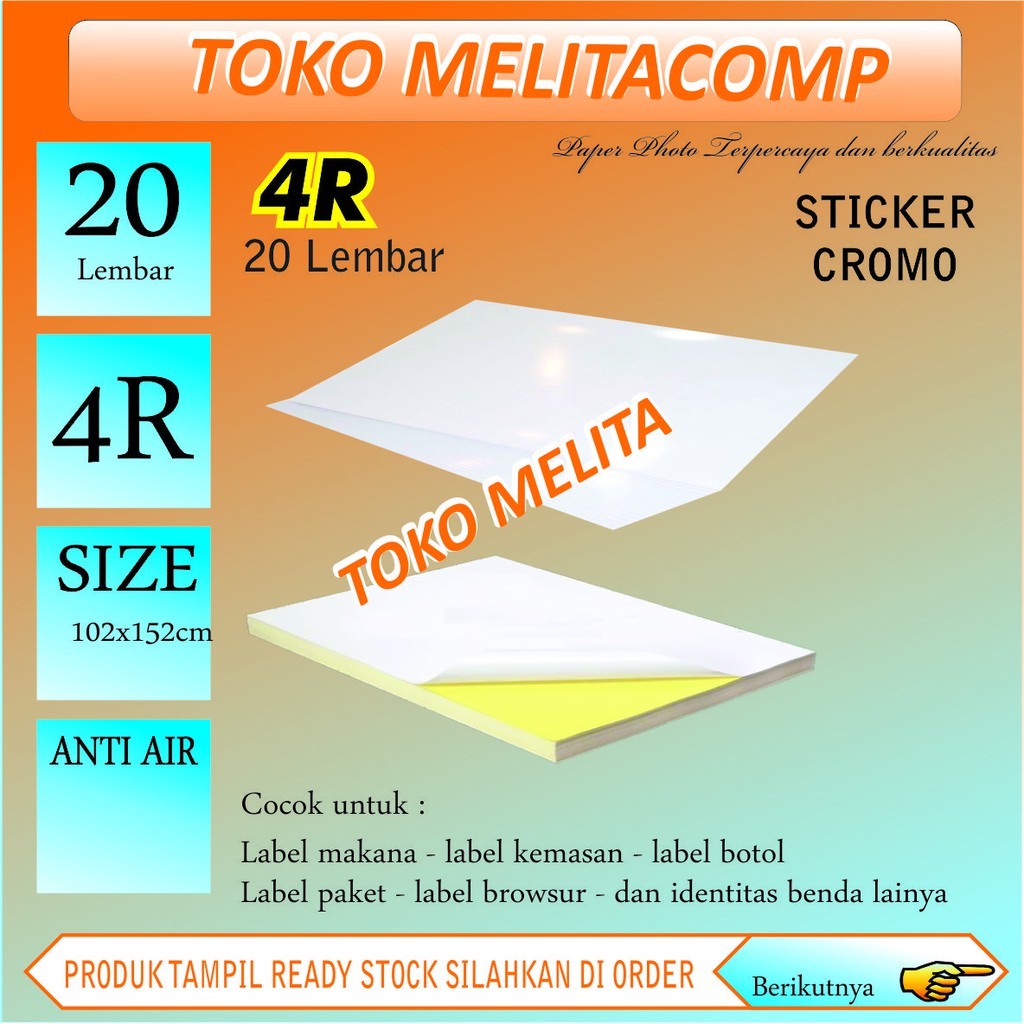 Sticker cromo kromo 4R/A6 stiker label glossy ukuran 102mm x 152mm anti air