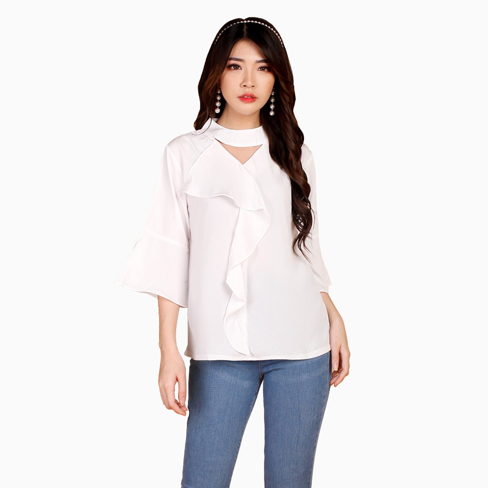 Blouse Leher Tinggi Model Korea lengan 3/4 model terbaru - XSHOP new Samantha