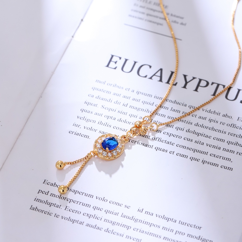 Kalung Titanium Wanita Anti Karat Emas Rumbai Permata Safir Liontin Aksesoris Fashion Perhiasan D508