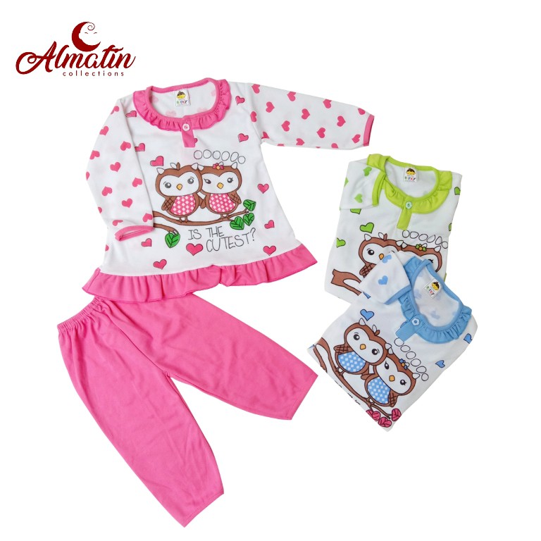 Setelan Baju Piyama Panjang Bayi Perempuan Motif Owl Murah / Baju Bayi Piyama Owl Rifky (3 Pasang)