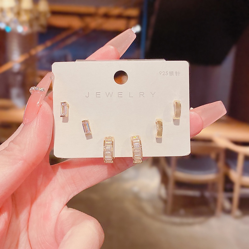 Shuling 3 Pasang / Set Anting Tusuk Silver S925 Aksen Zircon Untuk Perhiasan Wanita