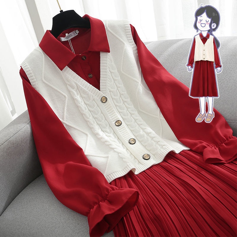 Large women's clothing 2021 autumn new slightly fat sister fashion knitted vest slim dress two-piece
