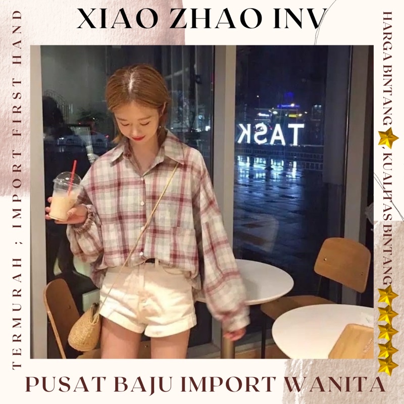 Baju Kotak Kotak Wanita Lengan Panjang Kemeja Tunik Blouse Oversize Korea Crop Terbaru Atasan Kemeja