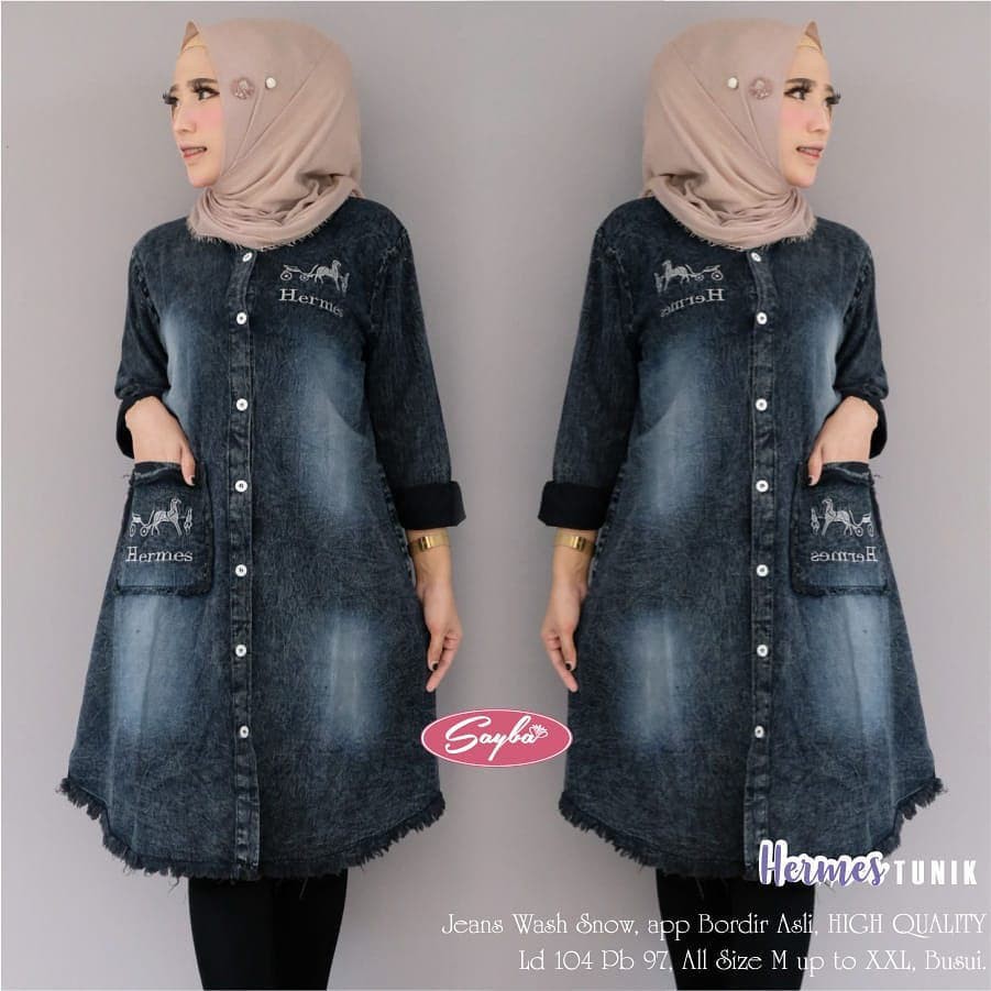(BISA COD) Long Tunik Jeans Wanita Model Terbaru / Baju Muslim / Fashion Wanita / Helma