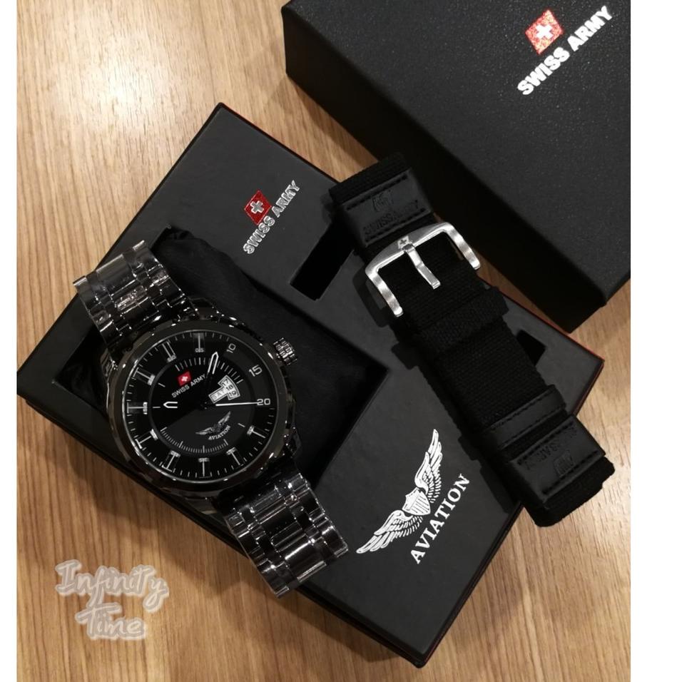 Tim31au22y ‑ Jam Tangan Pria Cowok Swiss Aviation Rantai Stainless Free Strap Kanvas ( Warna Strap R