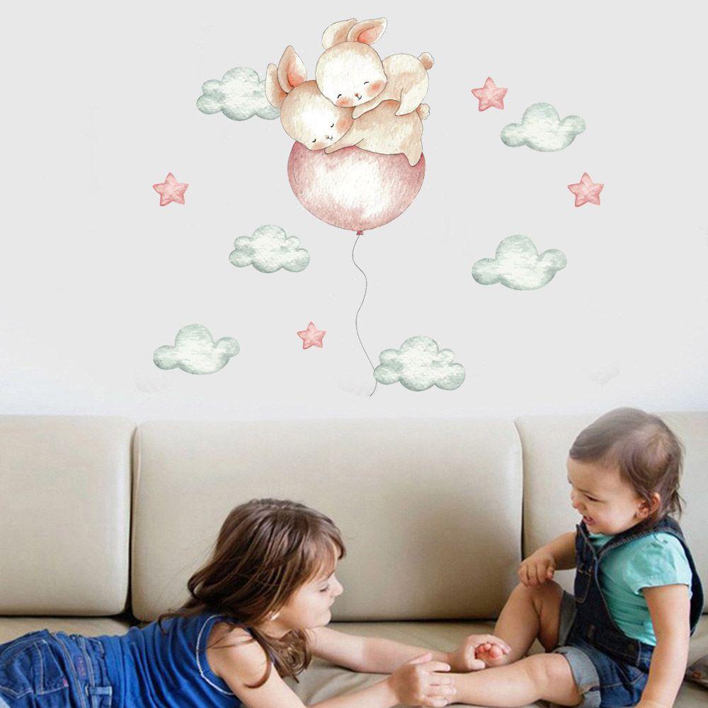 Stiker Dinding Desain Kartun Gajah Kelinci Bulan Bintang Awan Untuk Dekorasi Rumah