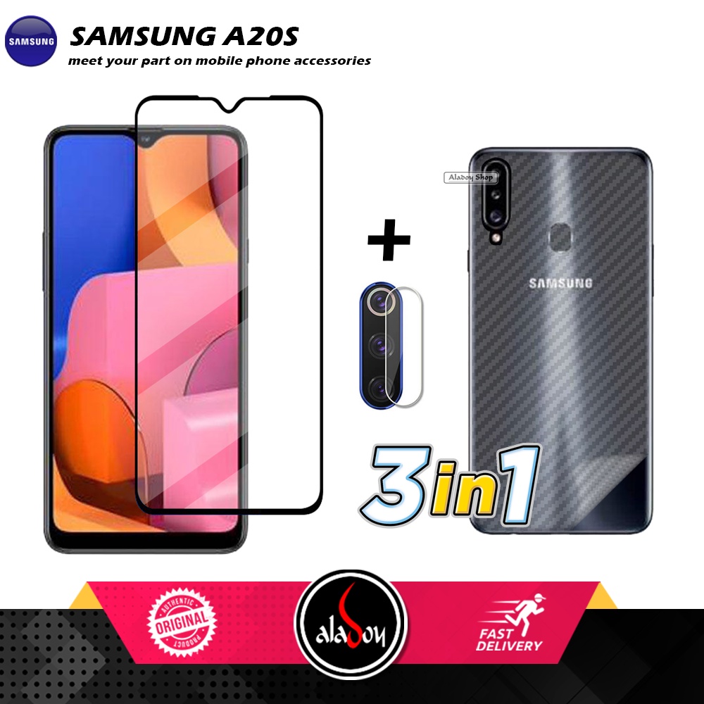 PAKET 3 IN 1 Tempered Glass Layar Samsung A20S Free Tempered Glass Camera dan Skin Carbon 3D