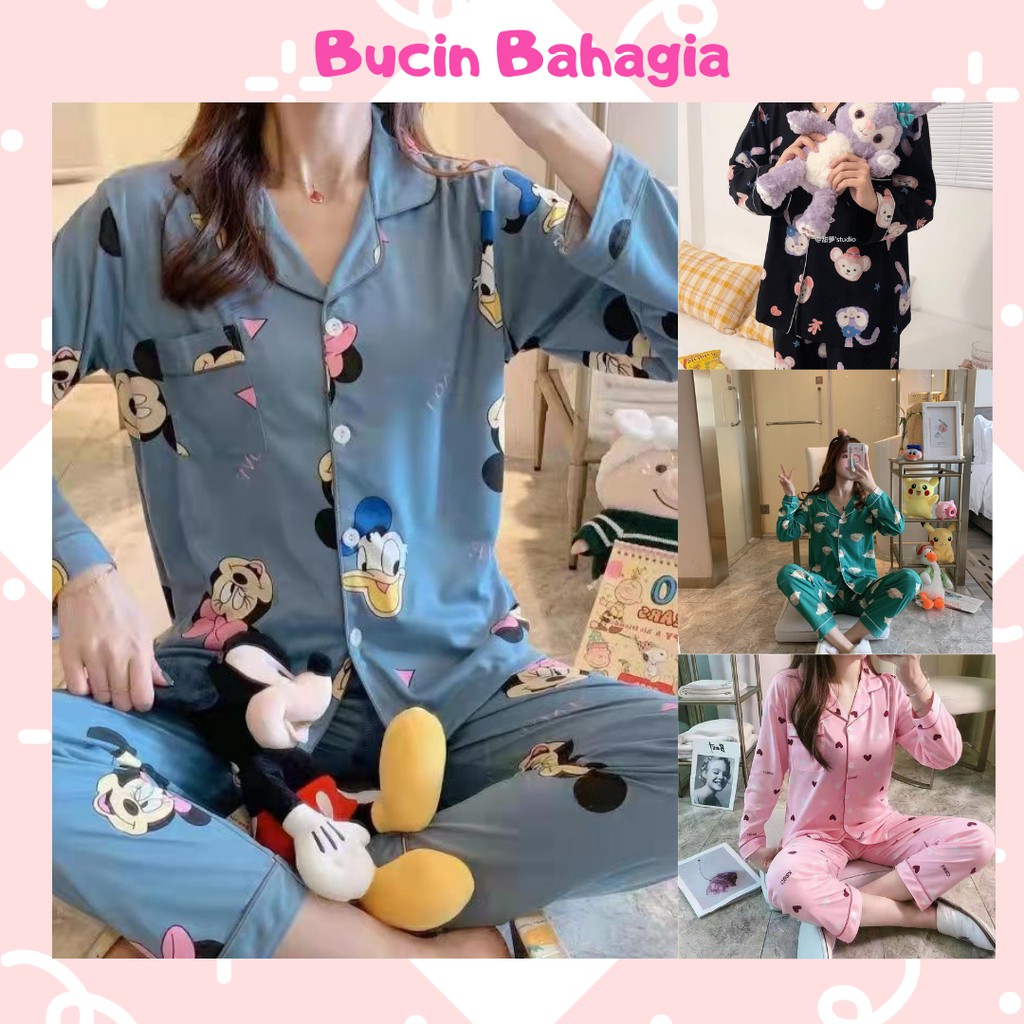 Baju Tidur Wanita Piyama Model Kemeja Lengan Panjang Celana Panjang Motif Kartun BT05