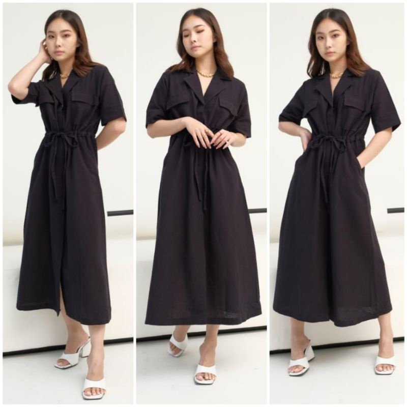 ❣️ SPECIAL PRICE ♡ PREMIUM ♡ ORIGINAL ! JEANNE LINEN VINTAGE COLLAR BUTTON POCKET TIED MIDI DRESS LONG OUTER ( BUSUI FRIENDLY )