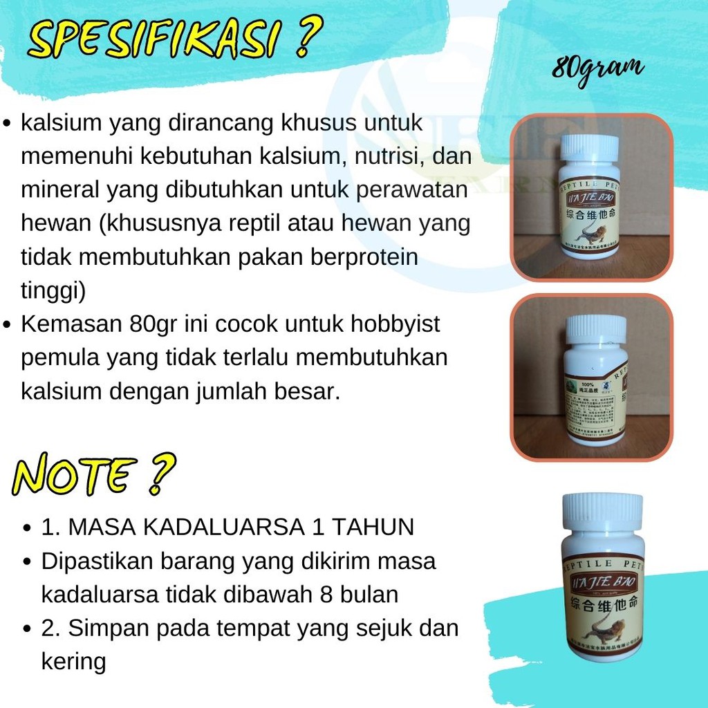 Reptile Reptil Calcium Kalsium 80 Gram Hewan Gecko Kadal Ular Torto Kura Iguana Tokek FEFARM