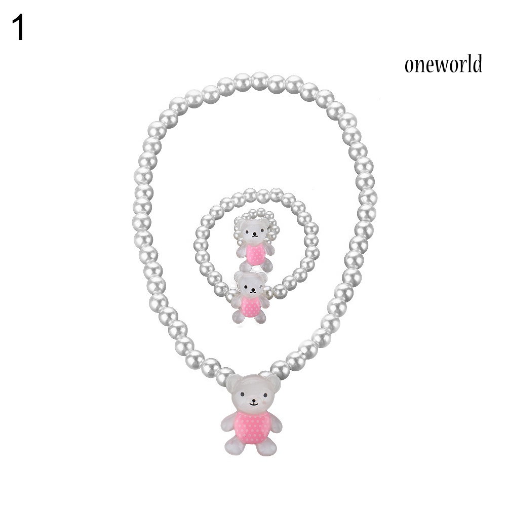 OW@ Children Girls Cute Bear Rabbit Pendant Beads Necklace Bracelet Ring Jewelry Set